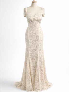 Nightway Lace Evening Gown  10 Champagne Ivory Off Shoulder Formal Wedding Dress